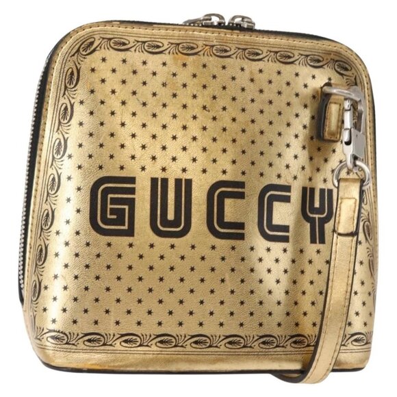 GUCCI GUCCY Print GUCCIxSEGA Bag Leather Gold Silver 511189 Auth bs30126 - Picture 2 of 16
